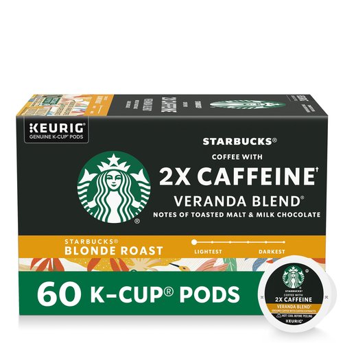 Starbucks K-Cup Coffee Pods, Starbucks Blonde Roast With 2X Caffeine, Hot or Iced Coffee, Veranda Blend, 60 Keurig Pods