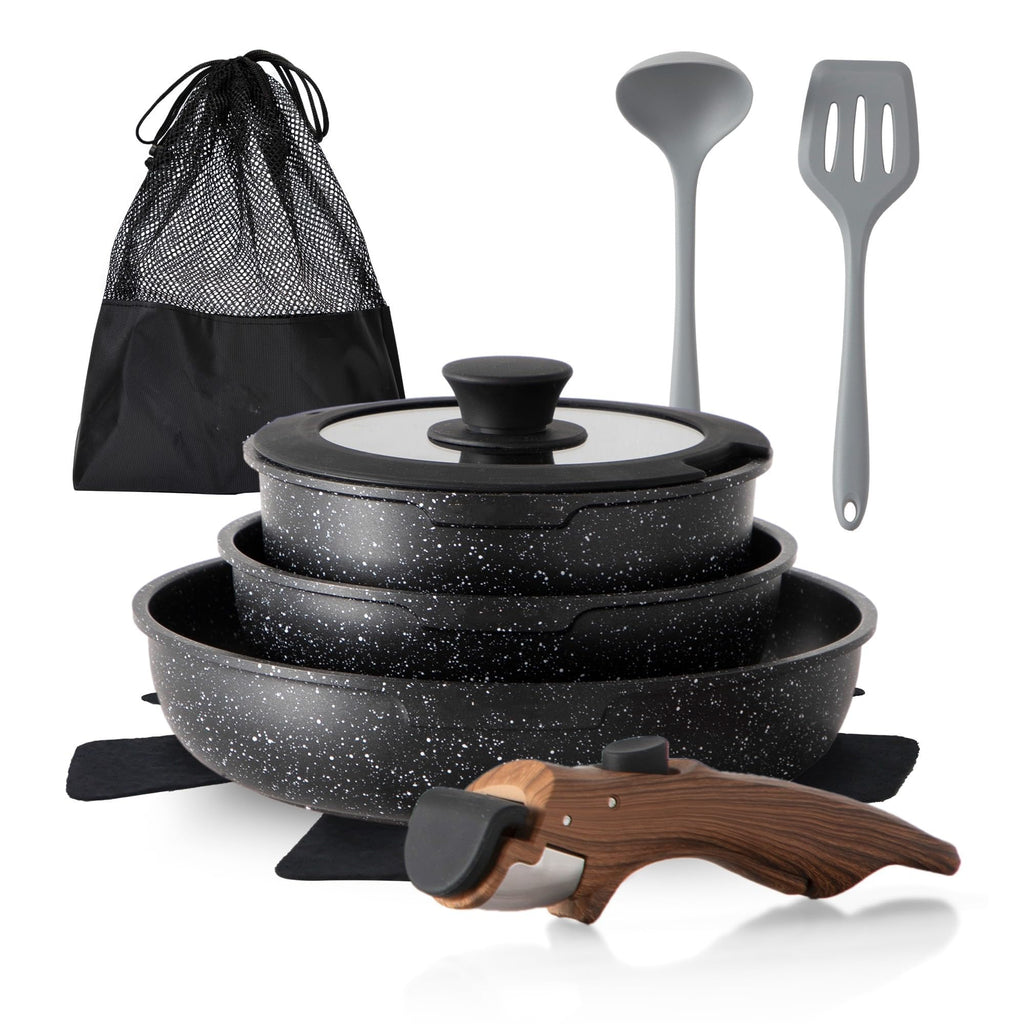 10 Pcs Pots and Pans Set Non Stick, Nonstick Kitchen Cookware Sets Detachable Handle, Induction Pots and Pans Set with Removable Handle, RV Cookware for Camping, Oven Safe, PFOS, PFOA Free, Green