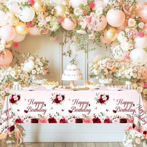 Avezano 3 pcs Burgundy Birthday Tablecloths 108x54 inch Red Pink Floral Birthday Party Decorations Burgundy Rose Bday Table Covers Disposable for Women Girls