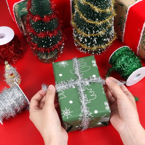 CCINEE Christmas Tinsel Garland, 65.6 FT Silver Glitter Ribbon Metallic Foil Thin Christmas Mini Garland for Xmas Tree Party Wedding Decorations Craft Supplies