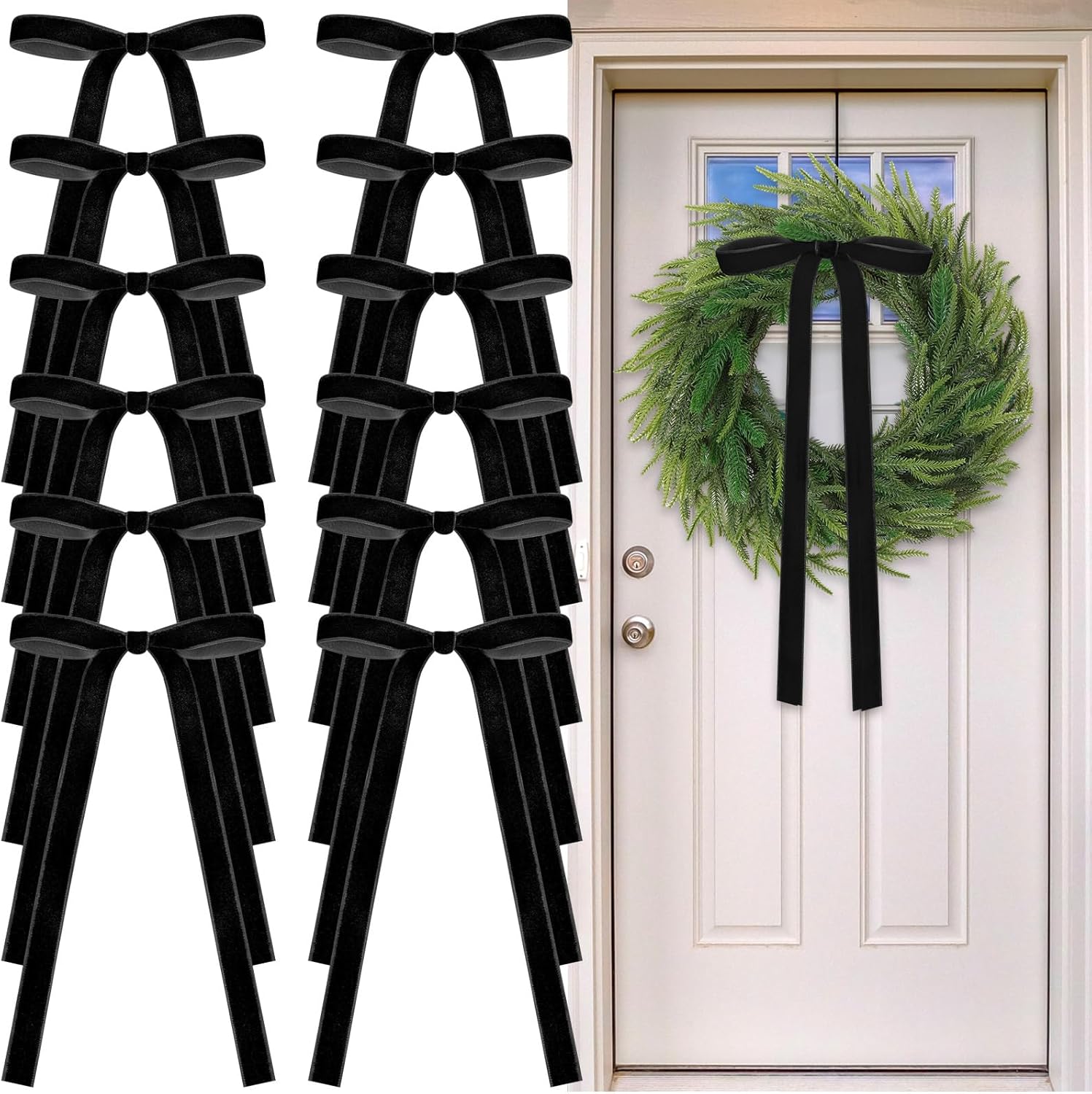 Skiennix 24 Pcs Velvet Bows - Vintage Ribbon Decorations for Christmas Trees & Crafts | Black, 9 x 13 Inch