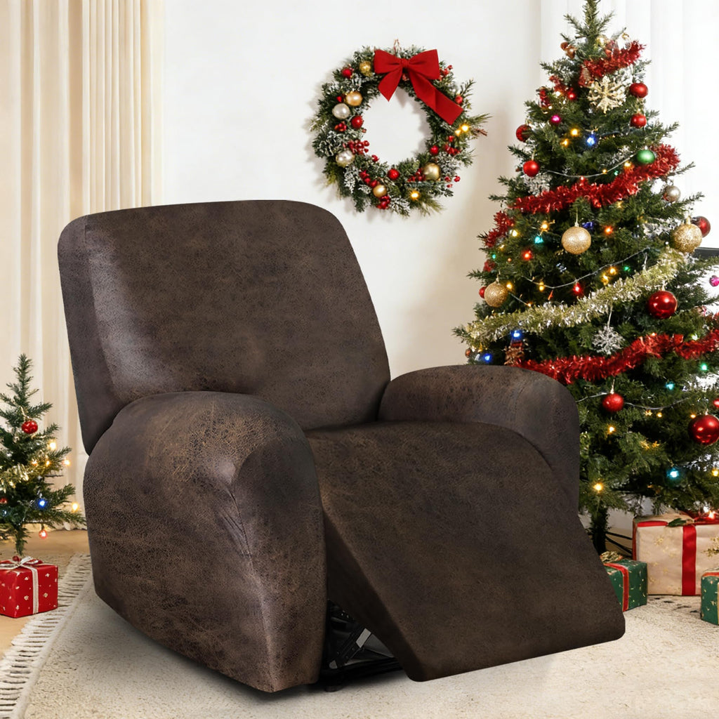 ANARACHON Leather Look Recliner Chair Covers, 4-Pieces Stretch Recliner Cover, Soft Reclining Chair Slipcover, Washable Furniture Protector for Lazy Boy Recliner (1 Seater, Brown)