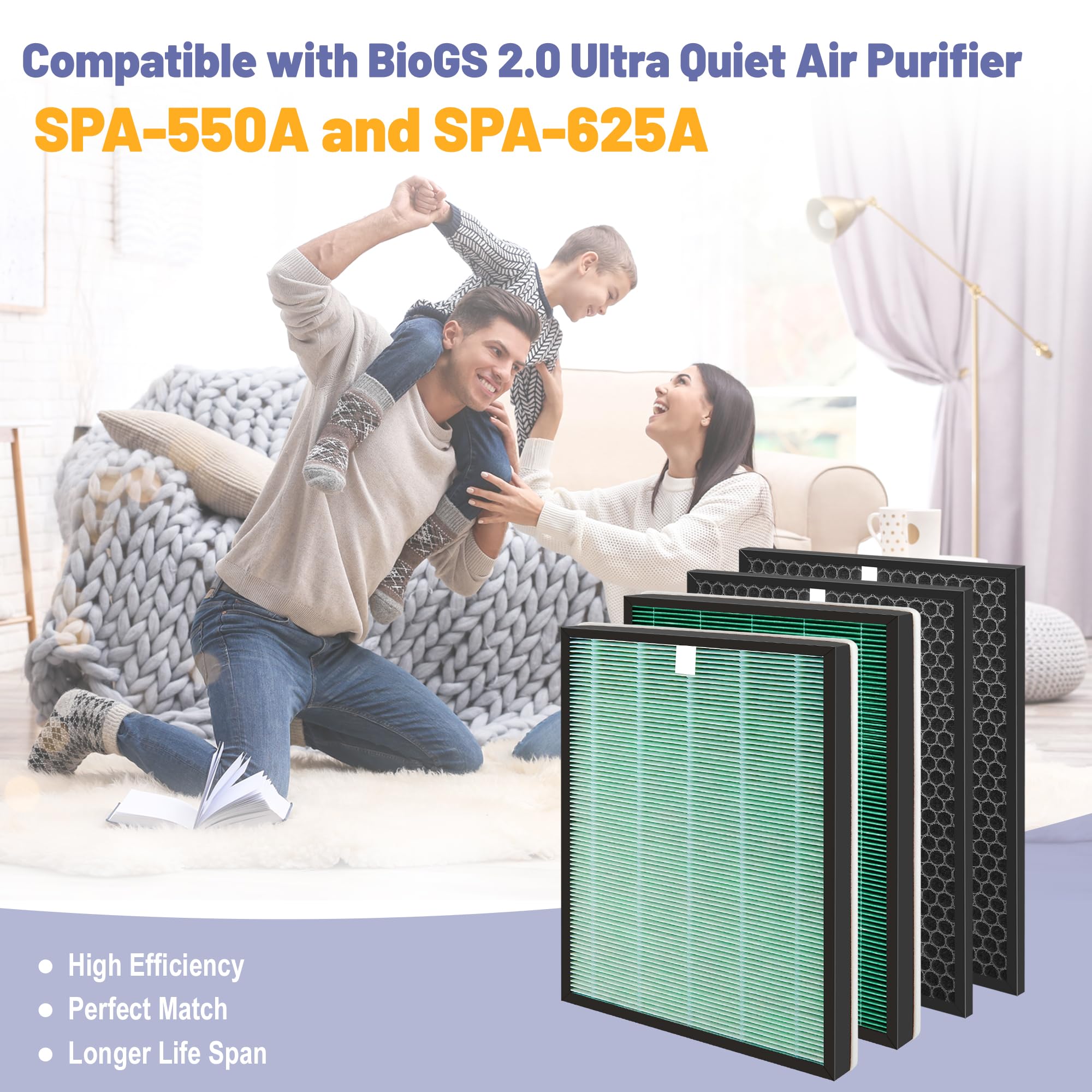 Popurure SPA-550A Filter Replacement Compatible With Rabbit Air BioGS 2.0 Air Purifiers, Model SPA-550A and SPA-625A, 2 True HEPA(H13) Filters + 2 Activated carbon Filters