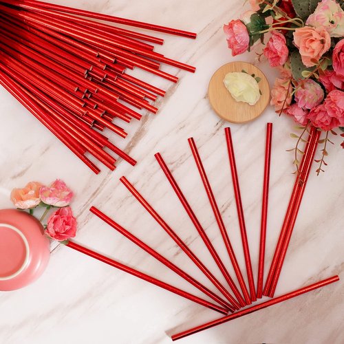 Jeffbaubl 100 Pack Red Paper Straws,Biodegradable Red Straws,Cake Pop Sticks,Disposable Paper Drinking Red Straw,Foil Paper Straws for Birthday Wedding Party Supplies Decorations