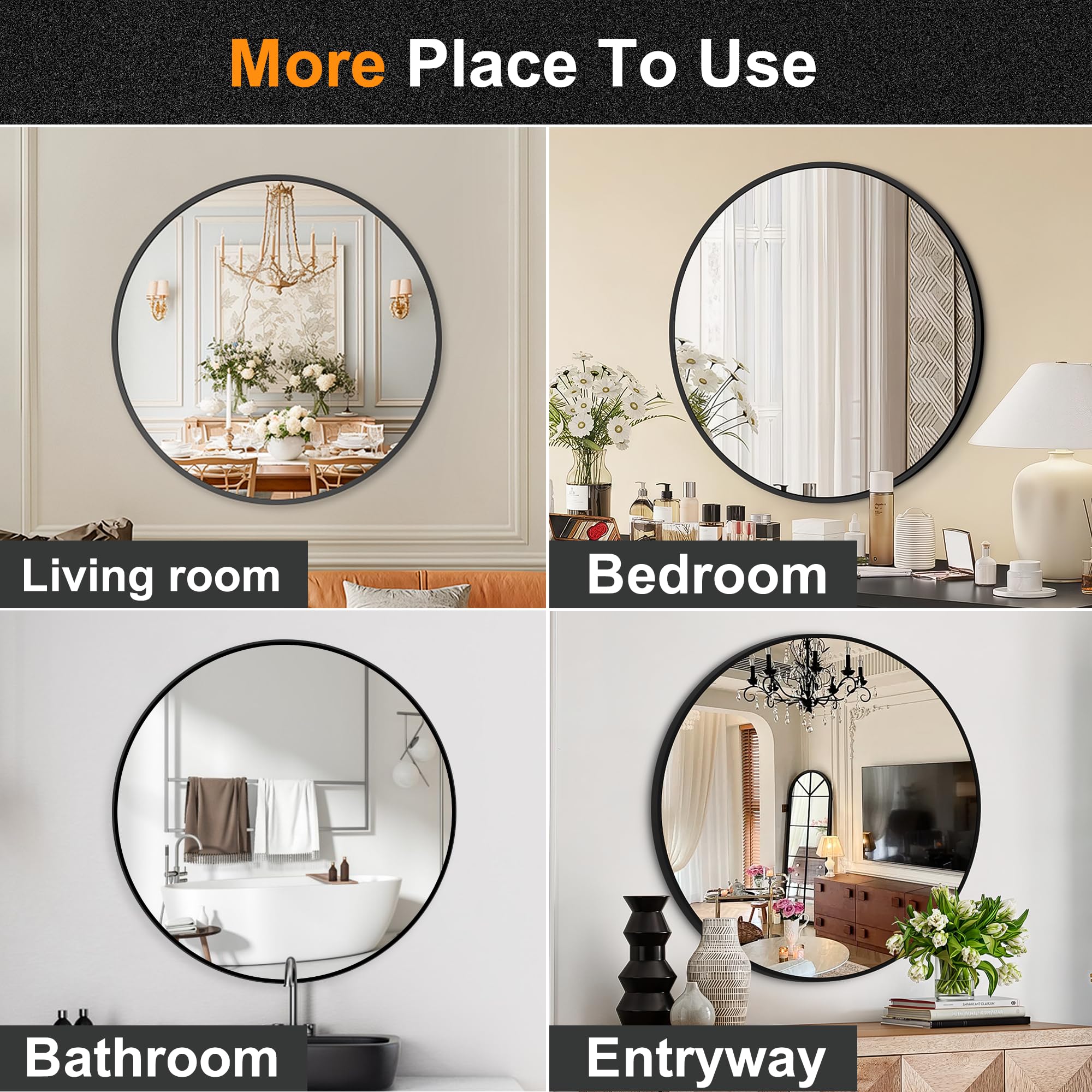 Black Round Mirror 22 Inch, Circle Wall Mirrors with Metal Frame, Wall Mounted Circular Mirror for Bathroom, Vanity, Entryway, Living Room, Hallway, Wall Decor