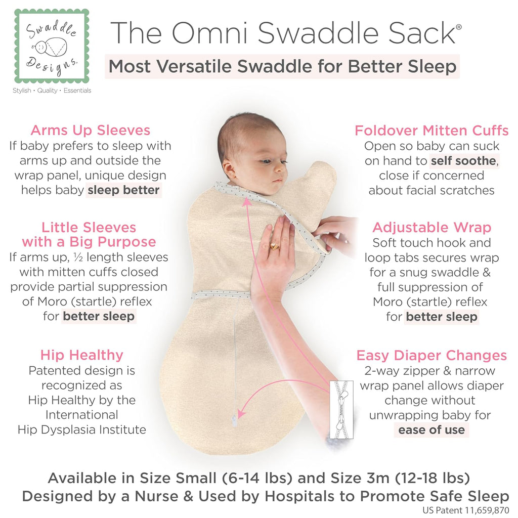 SwaddleDesigns 6-Way Omni Swaddle Sack - Arms Up Design for Newborns | Improves Sleep, Oatmeal, Small (0-3 Months)