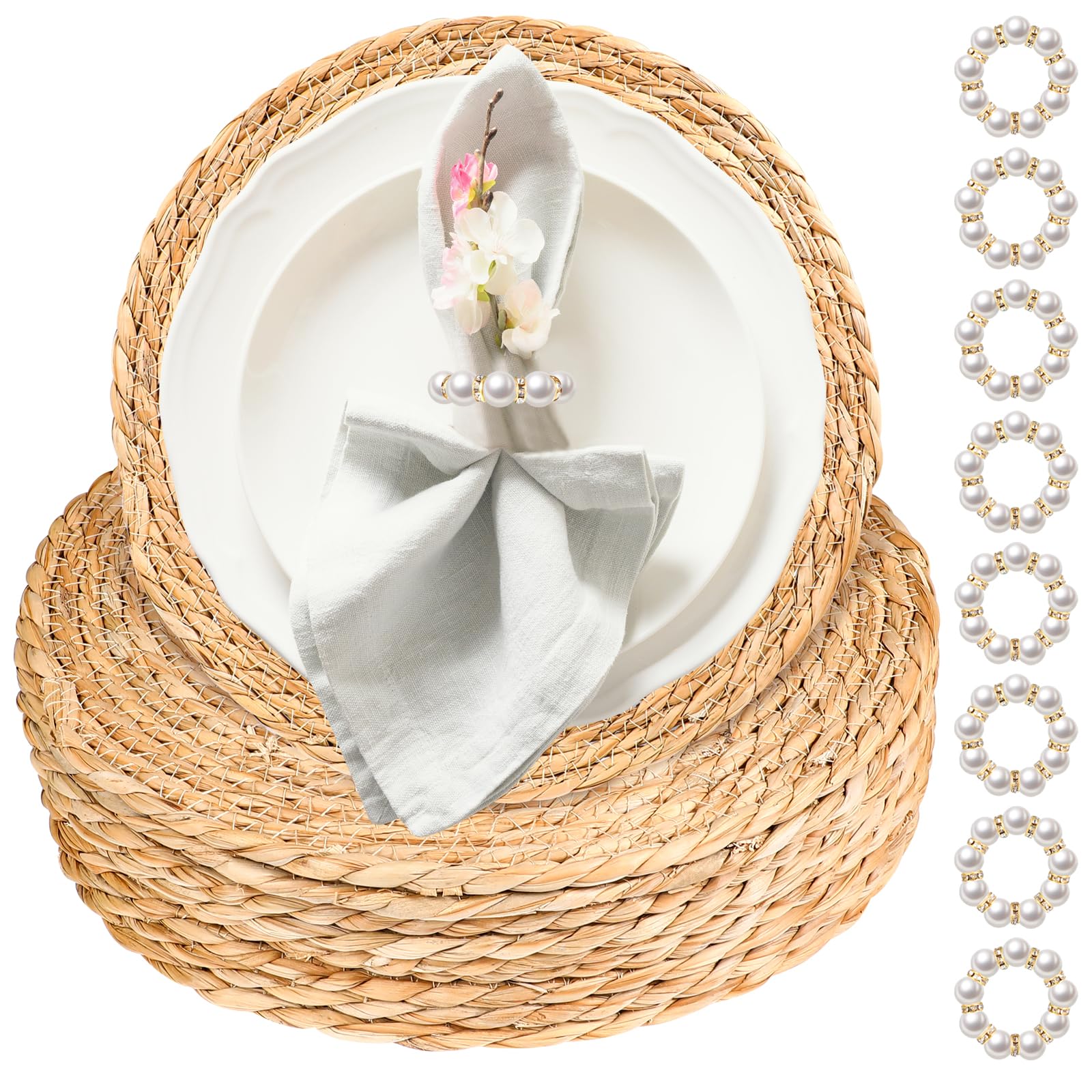 40 Pcs 12 Inch Round Woven Placemats with 20pcs Pearl Napkin Rings，Rattan Placemats Bulk Boho Woven Chargers Natural Water Hyacinth Place Mat for Wedding Party, Dinner Table