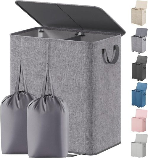 Lifewit Double Laundry Hamper - Large 136L Collapsible Basket with Lid & Removable Bags | Gray