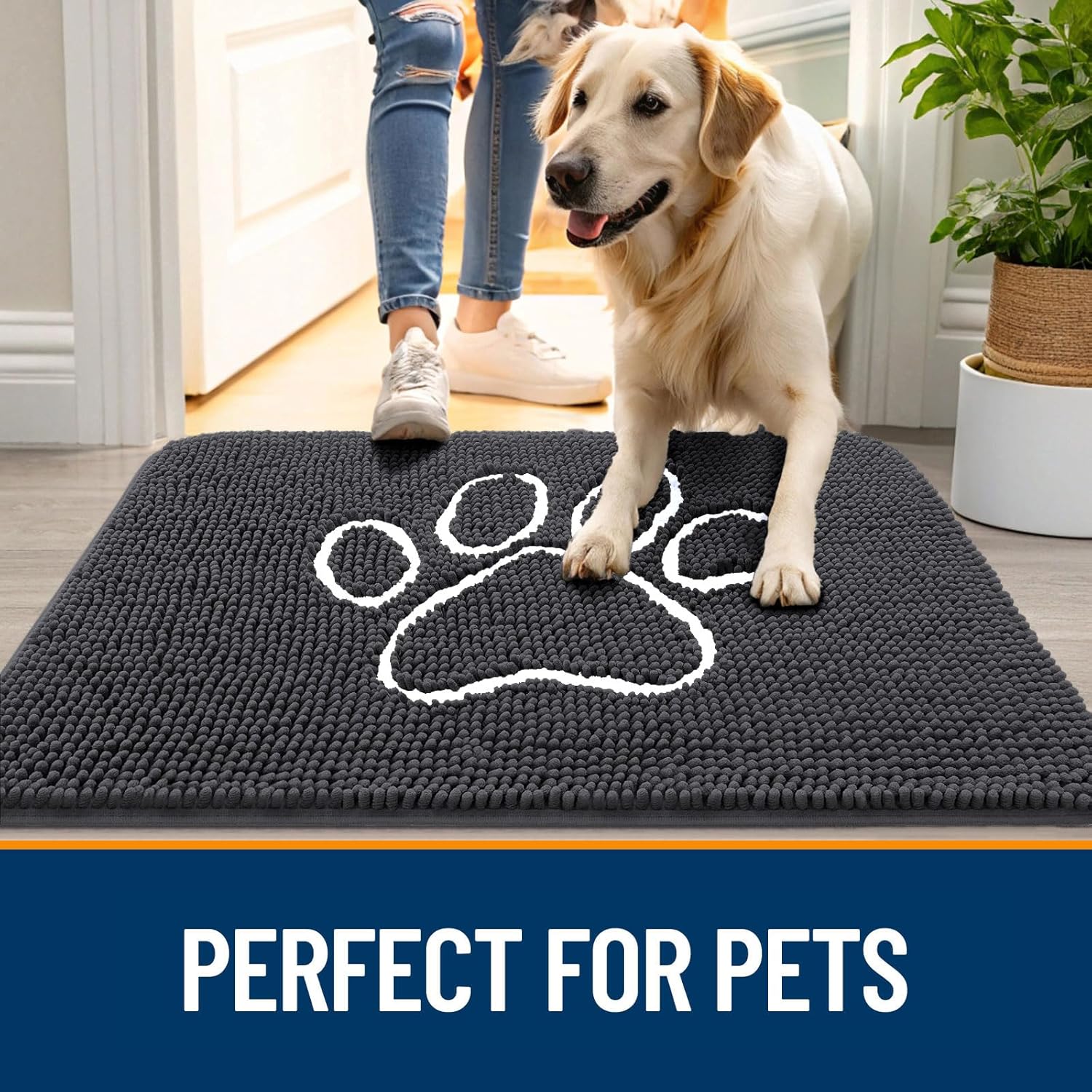 OLANLY Dog Door Mat - Absorbent Non-Slip Mud Mat for Paws | Quick Dry Chenille, 47x17, Dark Grey