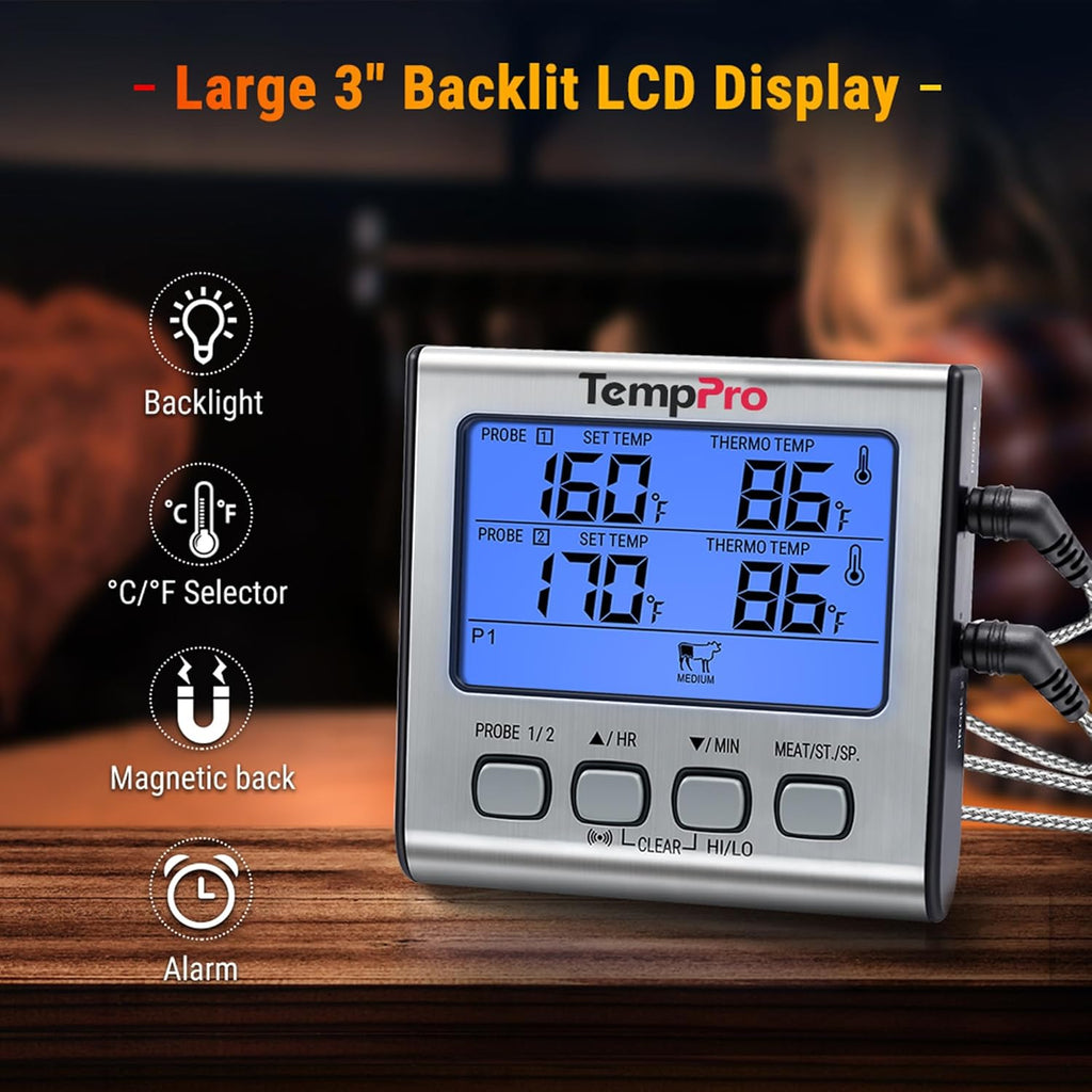TempPro TP17 Dual Probe Digital Meat Thermometer - Large LCD Backlight & Timer for BBQ, Smoker, Oven - Silver
