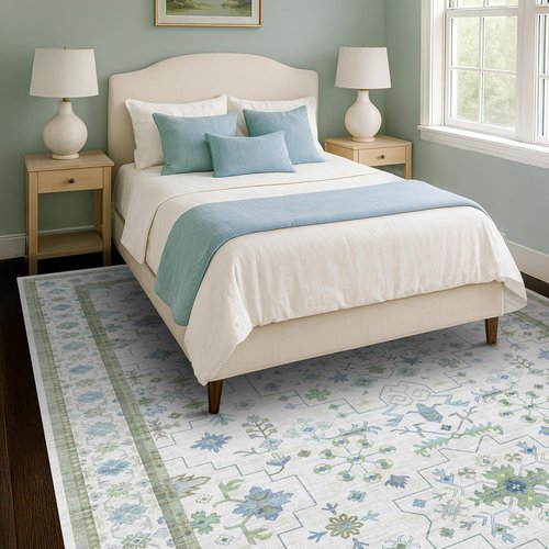 Hazo Haus Living Room Rug - Blue & Green Vintage Boho Floral 8x10 | Washable Non-Slip Area Rug for Bedroom & Playroom