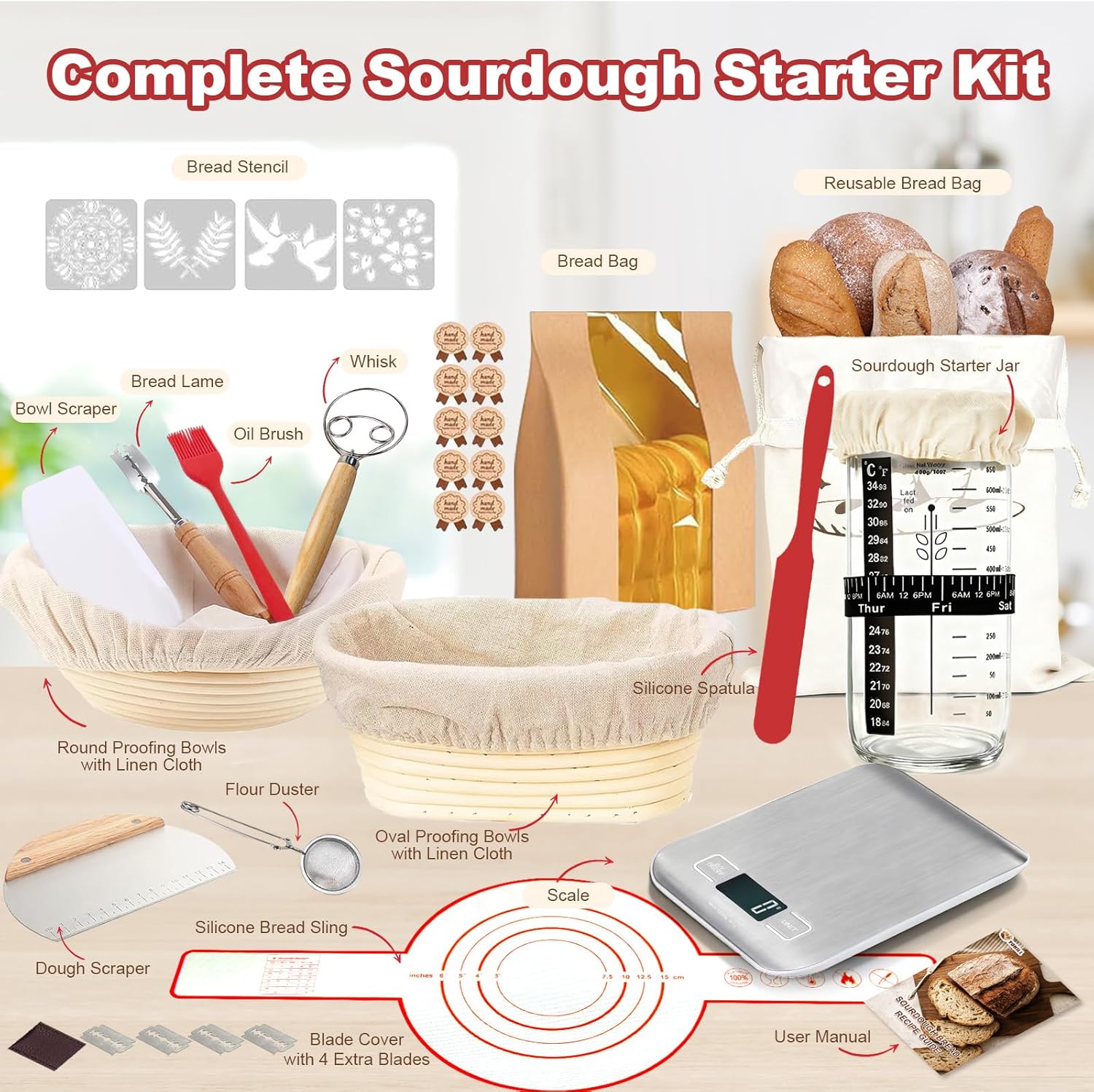 Skiennix Sourdough Starter Kit - Complete Baking Supplies with Scale, Glass Jar & Proofing Basket | Perfect Gift for Beginners