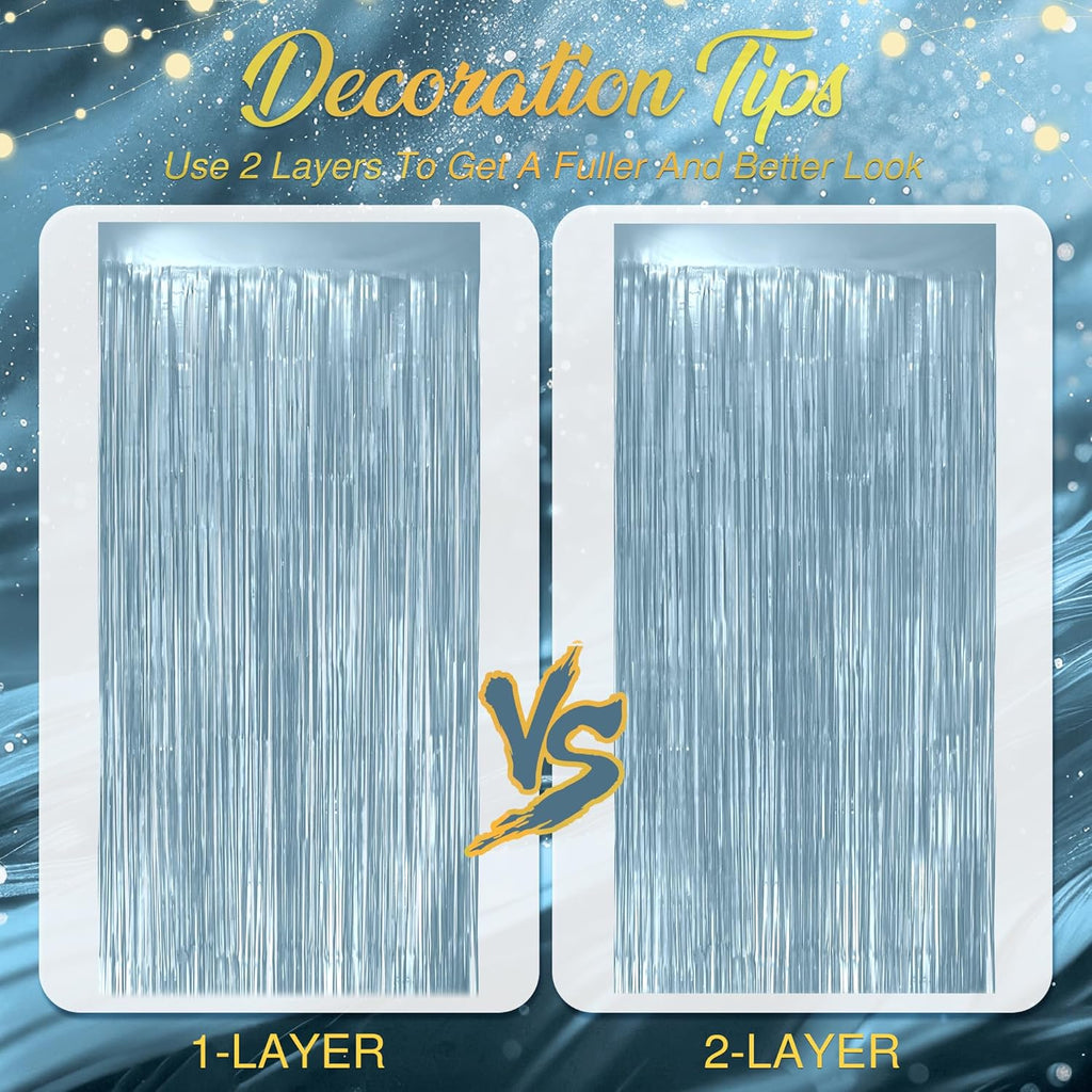 Skiennix 2 Pack Metallic Light Blue Fringe Backdrop - 3.2x8.2ft Shining Foil Tinsel Curtains for Parties & Events