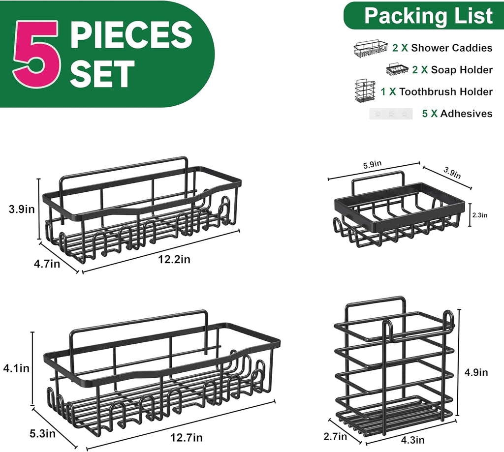 SC02 Shower Caddy 5 Pack | Rustproof Stainless Steel Bath Organizers - Large Capacity, No Drilling, Black