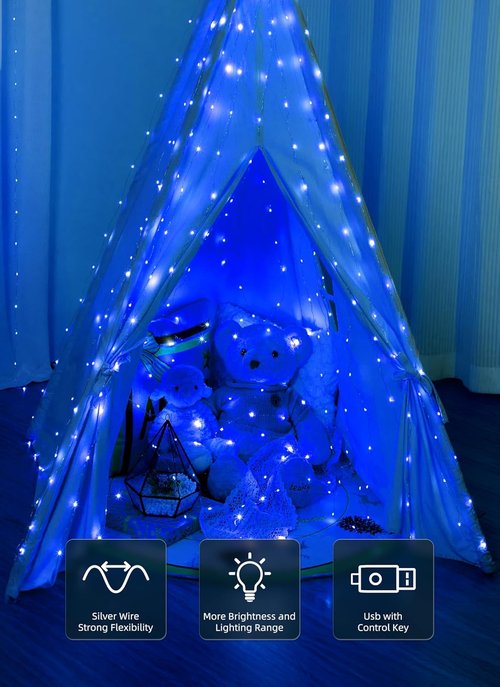 Brightown 300 LED Blue Fairy Curtain Lights - 9.8ft x 9.8ft String Lights with Remote & 8 Modes for Indoor/Outdoor Decor