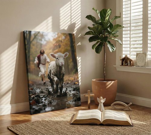 Jesus Canvas Wall Art - Good Shepherd Artwork Featuring Lost Lamb | Christian Decor for Home & Church