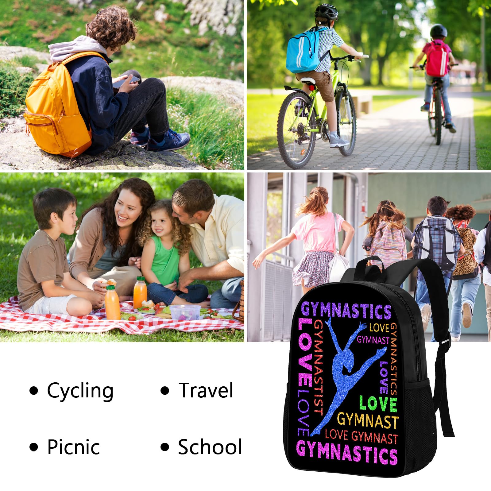 DOINBEE Gymnastics Backpack, Gymnastics Backpack for Girls Women, Colorful Love Gymnast on Black Bookbag, Funny Water Resistant Lightweight School Laptop Bags Casual Travel Daypack 17"
