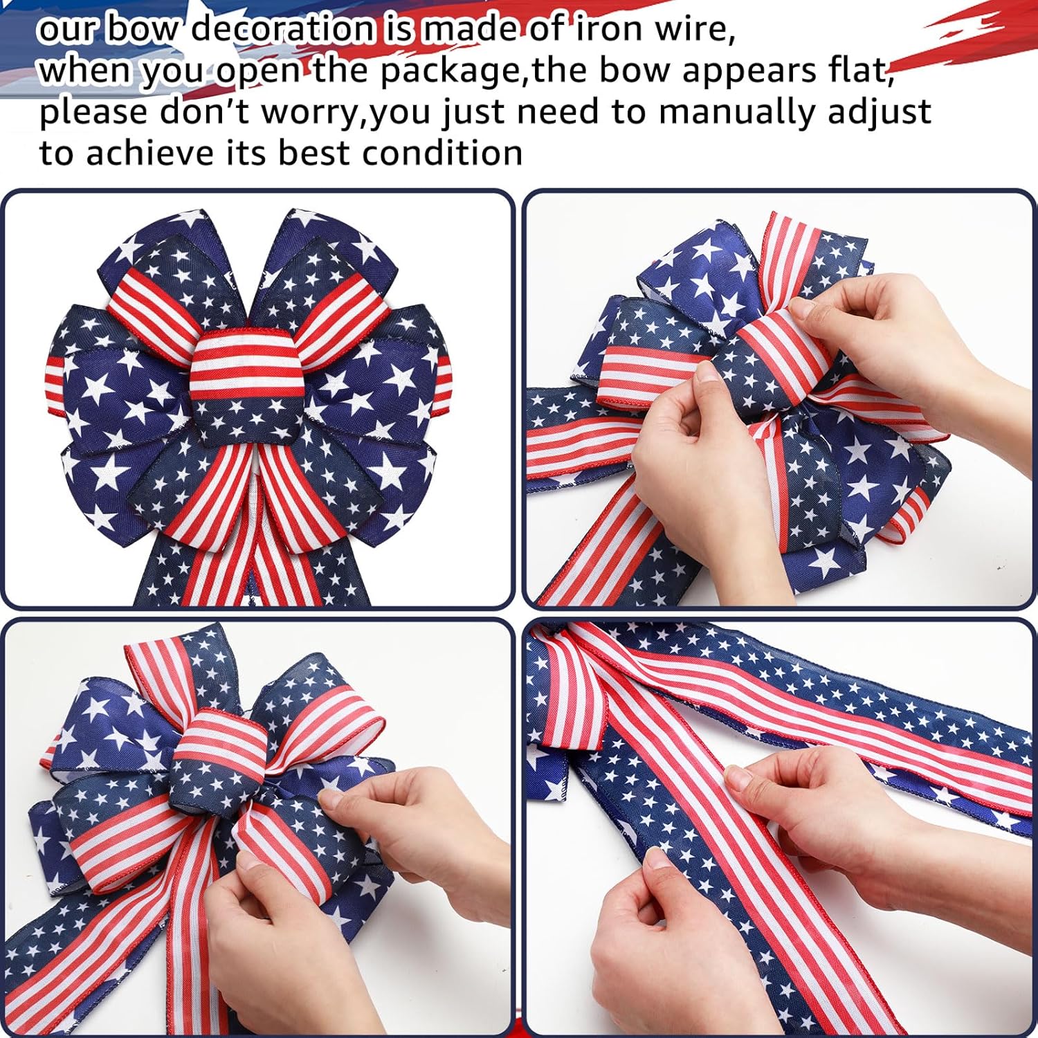 Riceshoot Patriotic Bows - USA Red, White & Blue Star Burlap Tree Topper | 4th of July Decoration (2 Pcs)