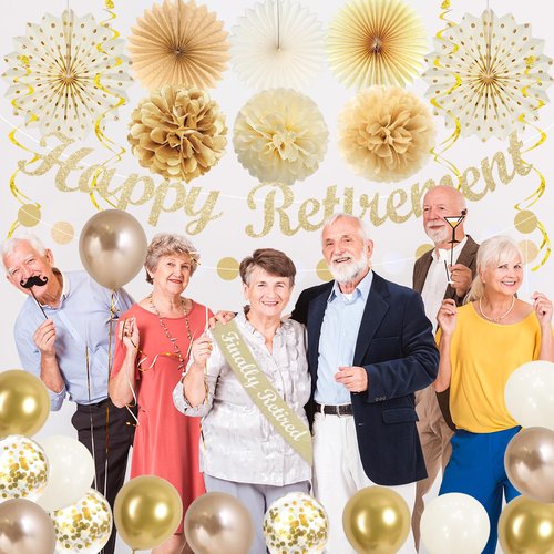 Vlipoeasn Retirement Decorations for Men Women, Champagne Gold Official Retired, Happy Retirement Banner Swirls Party Supplies Retired Farewell Party Set Work Graduation Party Decorations