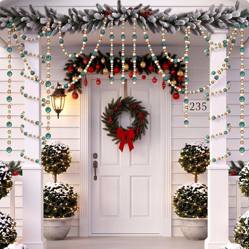 Sage Green & Natural 4 Pcs Wood Bead Garland 28.8 ft – Farmhouse Christmas Decor (Variation: Sage Green, Natural)