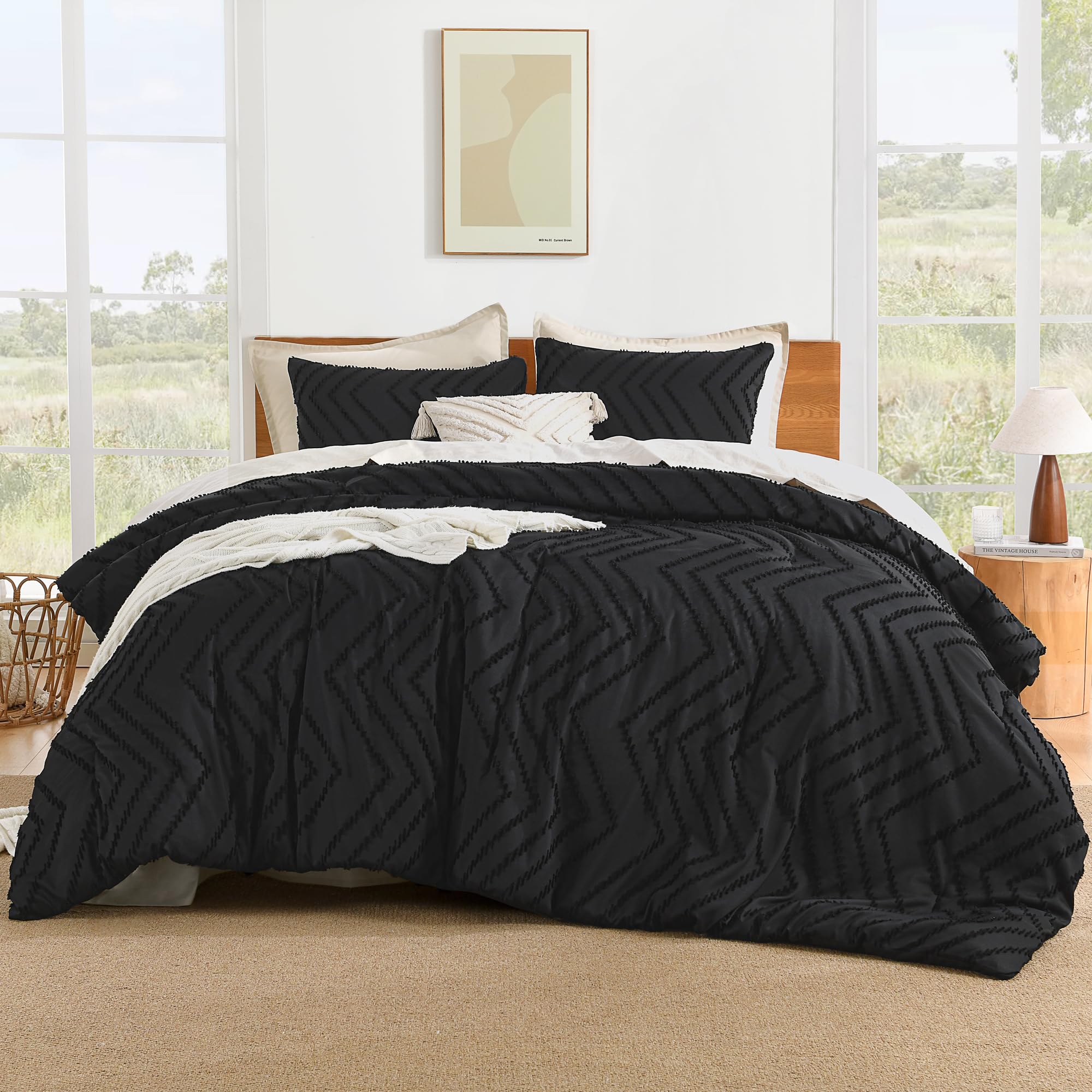 Litanika Oversized King Comforter Set 120x98, 3 Pieces Boho Chevron Tufted Bedding Comforter Sets, Fluffy Bed Set Black