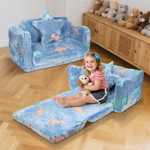Abdtech Toddler Couch for Kids - 2-in-1 Soft Plush Kids Fold Out Couch - Glow in The Dark Toddler Chairs Comfy with Pillow - Convertible Sofa to Lounger for Boys ＆ Girls