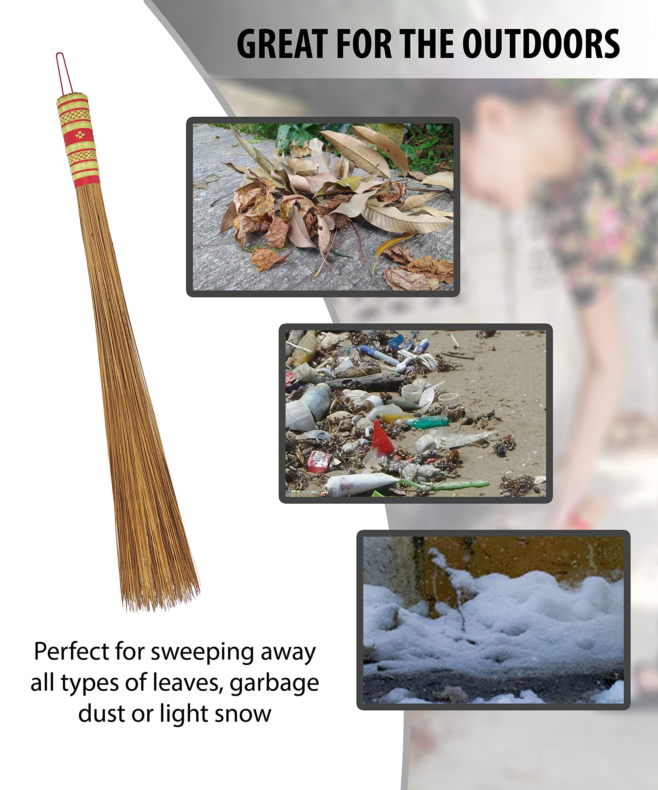 32 inch Multi-Surface Sturdy Outdoor Authentic Coconut Leaf Broom Asian Heavy Duty Broom Thai Natural Coconut Leaf Broom (Country Rustic) 1 Piece
