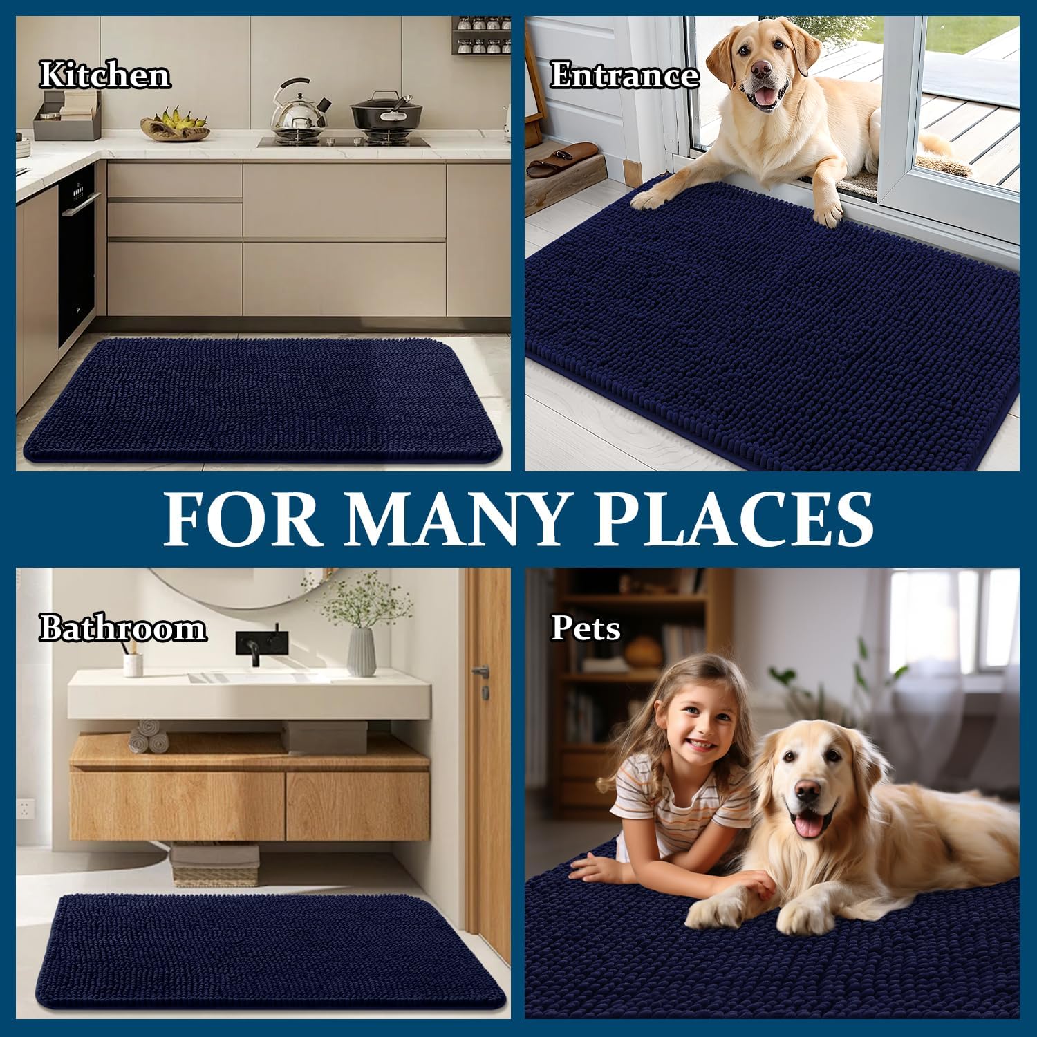 OLANLY Dog Door Mat - Absorbent Non-Slip Chenille Mat for Muddy Paws | 36x24 Navy Blue, Quick Dry