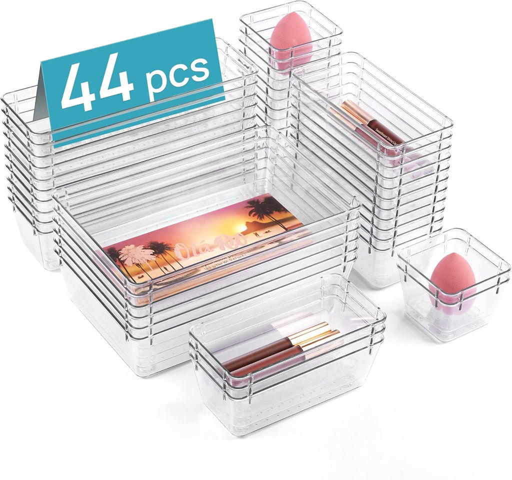 Vtopmart 44 PCS Clear Plastic Drawer Organizers - Versatile Non-Slip Storage Trays for Makeup, Jewelry & More