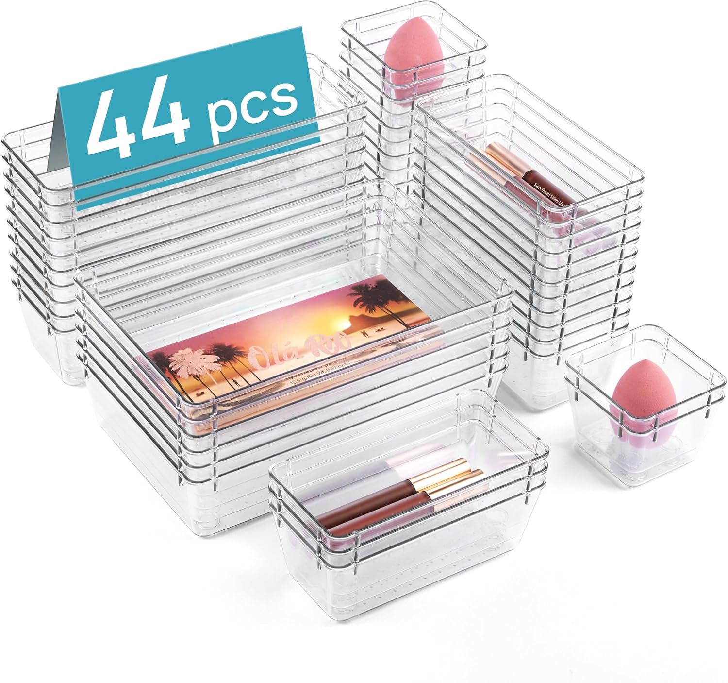 Vtopmart 44 PCS Clear Plastic Drawer Organizers - Versatile Non-Slip Storage Trays for Makeup, Jewelry & More