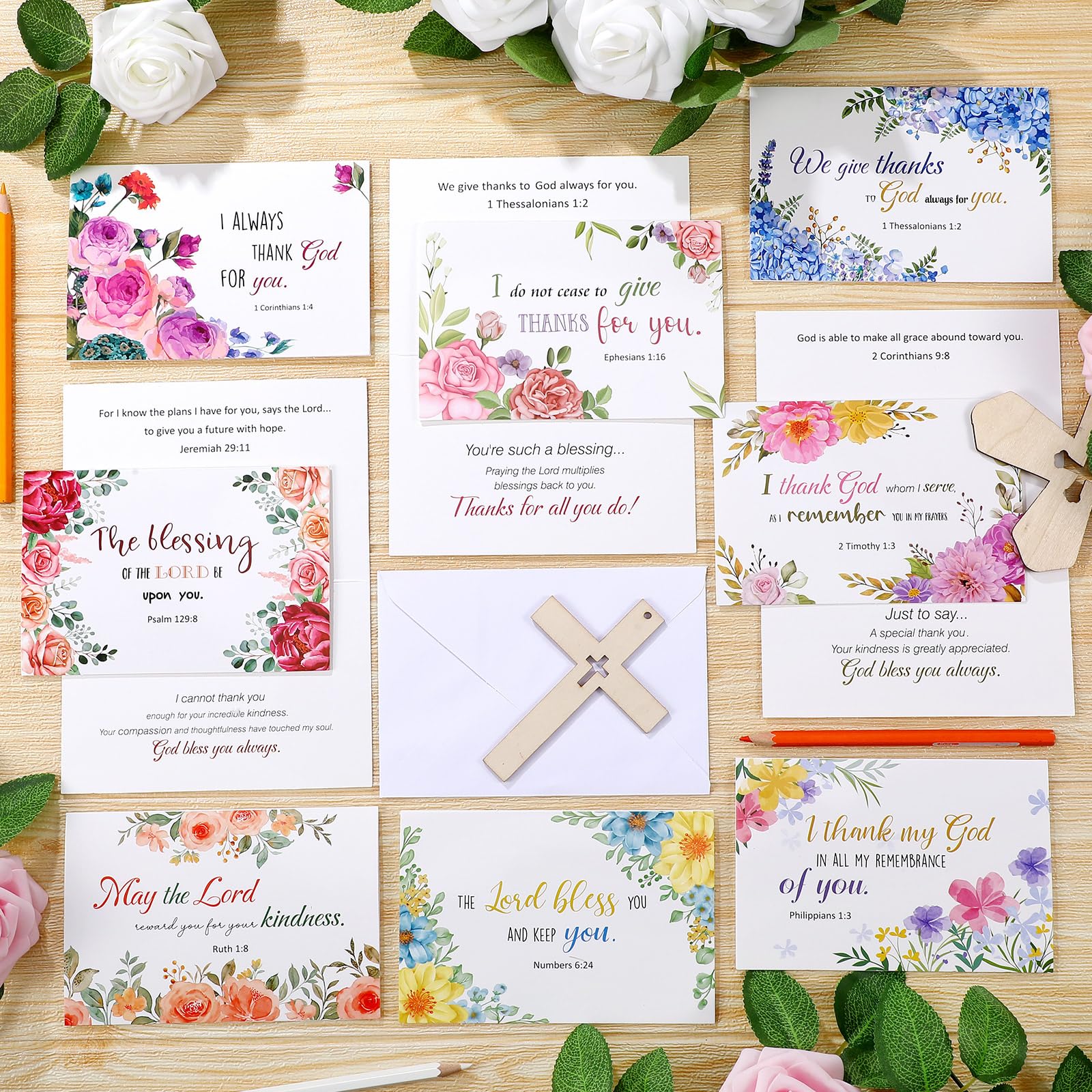 Affrolling 50 Pack Spring Religious Christian Thank You Cards Bulk with Scripture Envelopes Stickers Bible Verse Greeting Cards Encouragement Inspirational Baptism Notes 4x6 Inch, Watercolor Flower
