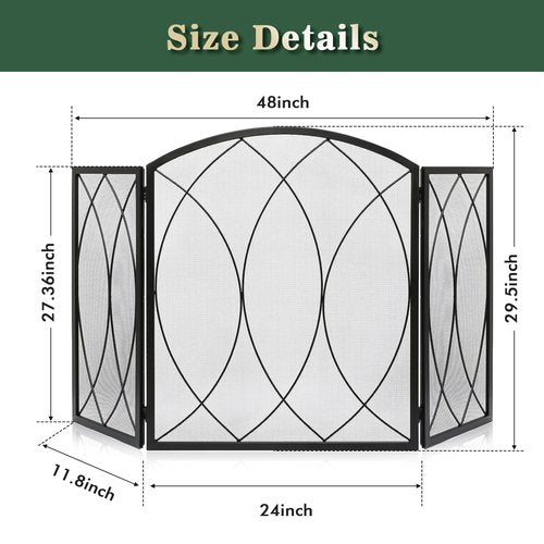 FEED GARDEN 3 Panel Fireplace Screen 48" W x 29.5" H Modern Foldable with Wrought Metal Decorative Mesh,Arch Heavy Duty Fire Spark Guard Cover for Home Decor Indoor, Black