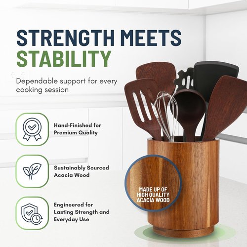 Linda's Essentials Acacia Wooden Utensil Holder - 360° Rotating Non-Slip Design | 7.2" Kitchen Organizer