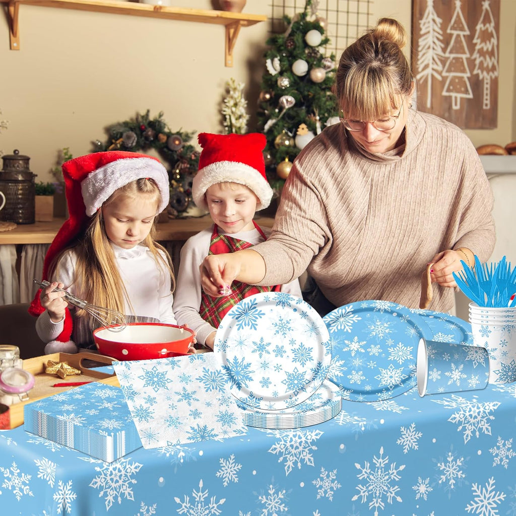 Skiennix Winter Snowflake Party Set - 142 Pcs Paper Plates, Napkins, Cups & Tablecloth | Blue & White