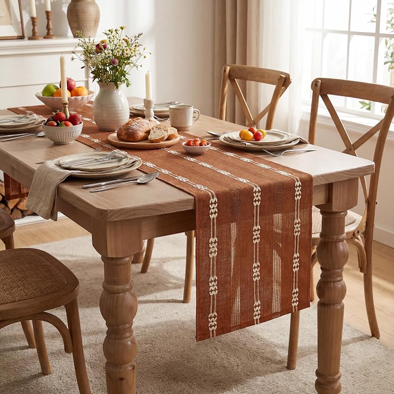 Caramel Farmhouse Embroidered Table Runner 13x60 Inch - Seasonal Fall Kitchen Decor