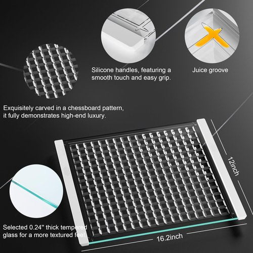Luxury Artisan Mosaic Glass Cutting Board with Juice Groove - Tempered Glass checkered cutting board & Serving Tray, Dishwasher Safe, 16.2" x 12" x 0.24"