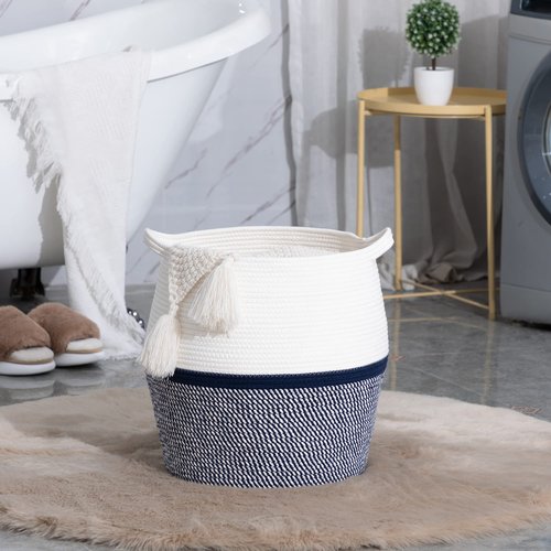 KAKAMAY Woven Baskets for Storage(17"x17"),Large Cotton Rope Basket Woven Baby Laundry Hamper,Collapsible Laundry Basket, Blanket Basket for Living Room,Nursery,Clothes, Toy chest(Navy Blue)