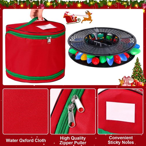 Christmas Light Storage Bag - Tear Proof 600D Oxford Fabric/Internal PVC Material with Reinforced Handles - With 4 Reels Stores up to 500 Ft Holiday Mini Christmas Tree Lights & Extension Cords,Red