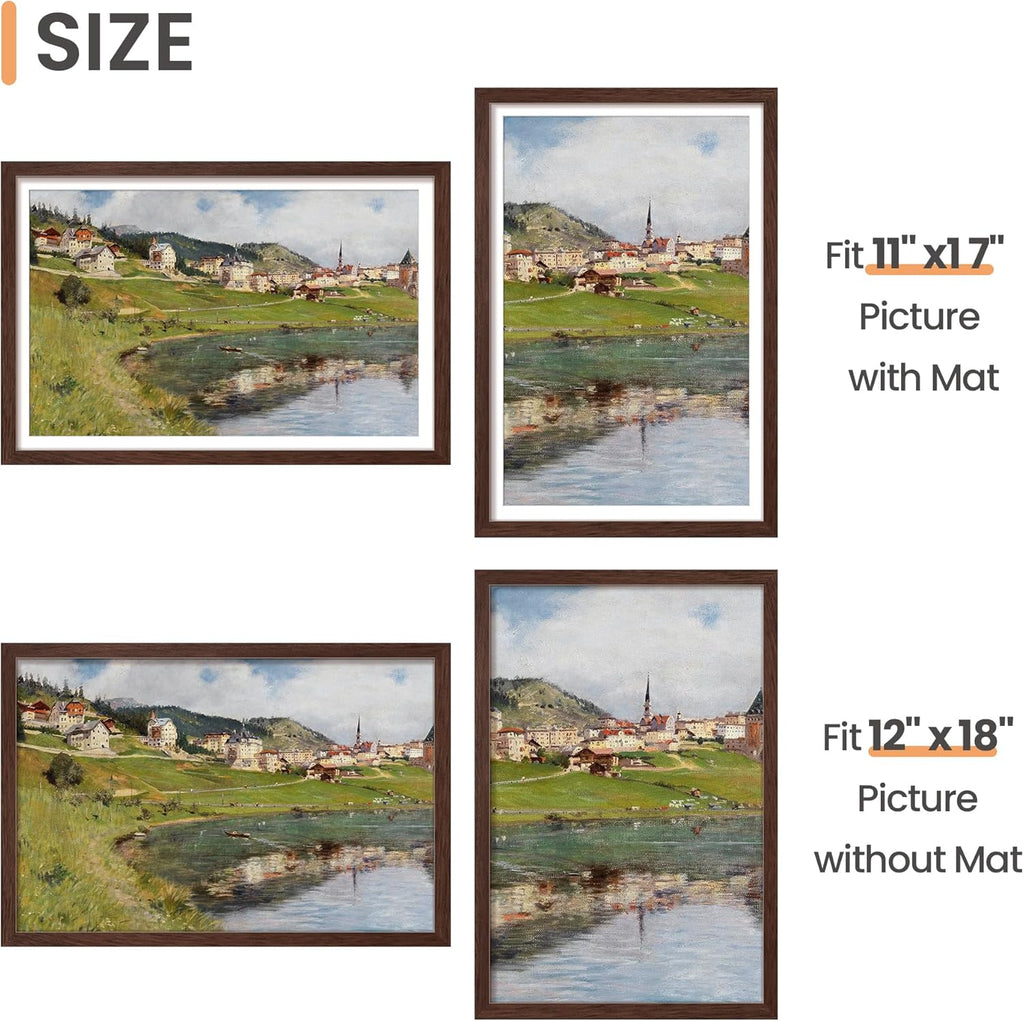 Upsimples 12x18 Picture Frame - Versatile Display for 11x17 Photos with Mat or 12x18 Without Mat, Brown