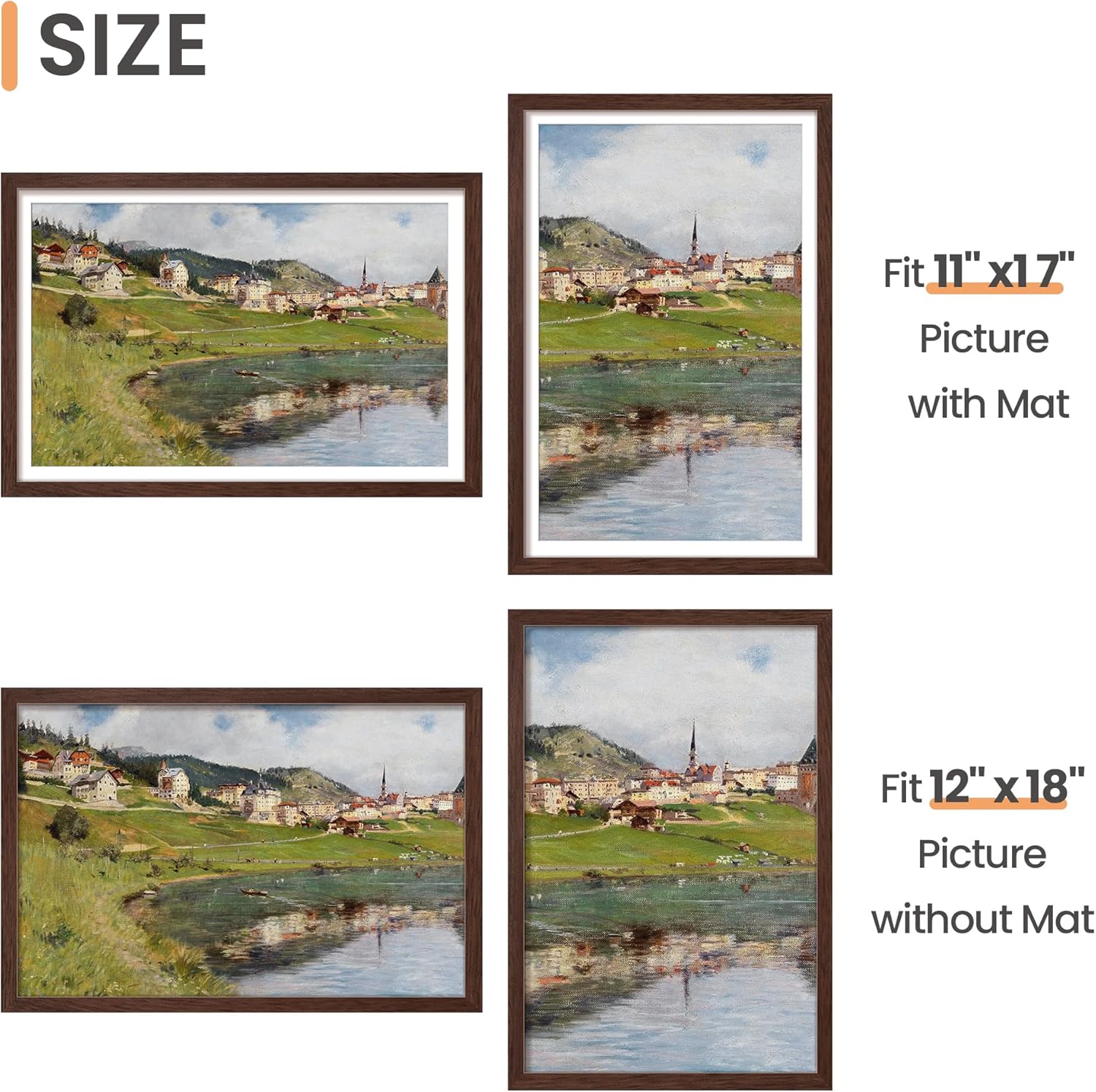Upsimples 12x18 Picture Frame - Versatile Display for 11x17 Photos with Mat or 12x18 Without Mat, Brown
