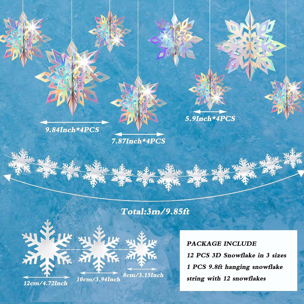 Regine Switzerland 24 PCS Snowflake Christmas Hanging Decor - 12 Glittery & 12 White Paper Snowflakes for Winter Holiday Parties