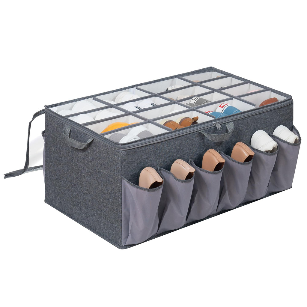 STORAGEIDEAS Shoe Organizer for Closet, Shoe Storage Solution with Clear Cover & Adjustable Dividers, Fabric Shoe Box Fits 16 +12 Pairs Shoes, Grey, 1-Pack