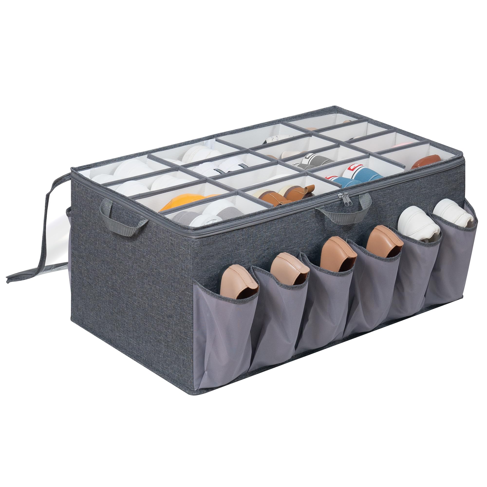 STORAGEIDEAS Shoe Organizer for Closet, Shoe Storage Solution with Clear Cover & Adjustable Dividers, Fabric Shoe Box Fits 16 +12 Pairs Shoes, Grey, 1-Pack