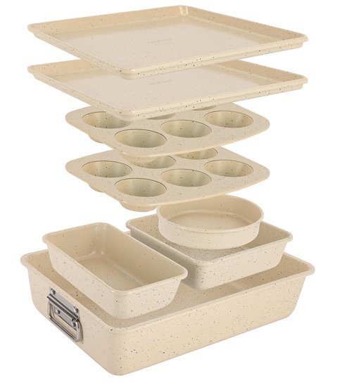 NutriChef 8-Piece Stackable Bakeware Set | Carbon Steel Non-Stick Baking Pan Set | Includes Sheet, Muffin, Round, Loaf, Square Cake & Deep Pans | No PFOA & PFOS | Oven Safe to 450 F | Marble Cream