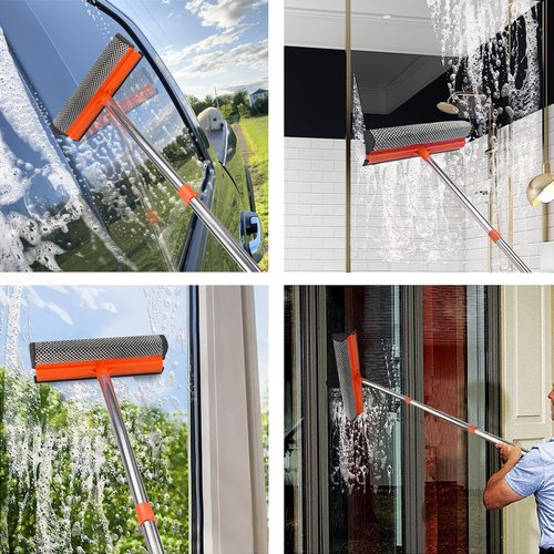 Window Squeegee for Window Cleaning, Squeegee Window Cleaner Tool 2 in 1 Car Window Cleaning Tool with Extension Pole 58‘’ Telescopic Window Washing Equipment, Shower Squeegee for Shower Glass Door
