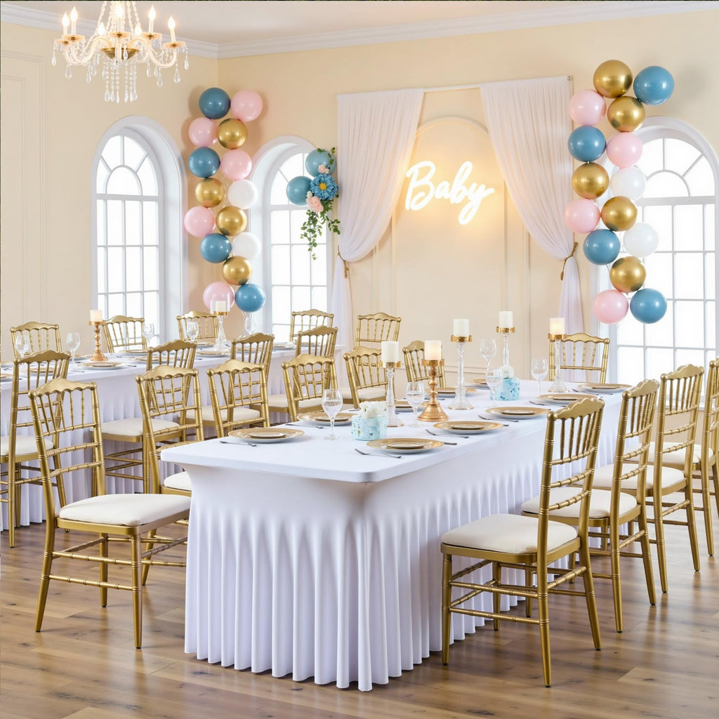 NSSONBEN 4 Pack White Spandex Tablecloth 6ft, Wrinkle Free High Stretch Fitted Tablecloths for 6 Foot Rectangle Tables, Elastic Spandex Table Covers 6ft with Pleats Skirt for Party Wedding Banquet