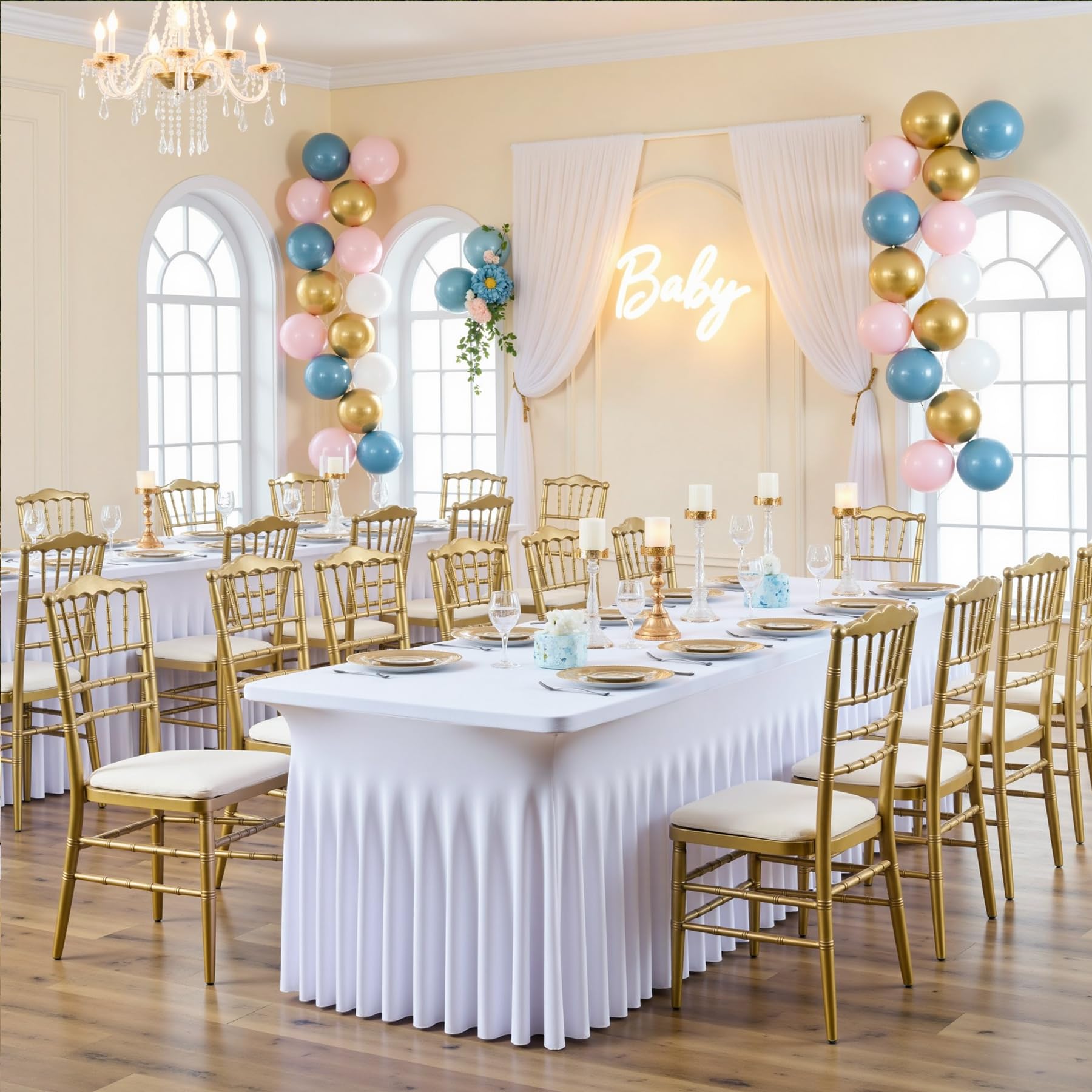 NSSONBEN 4 Pack White Spandex Tablecloth 6ft, Wrinkle Free High Stretch Fitted Tablecloths for 6 Foot Rectangle Tables, Elastic Spandex Table Covers 6ft with Pleats Skirt for Party Wedding Banquet
