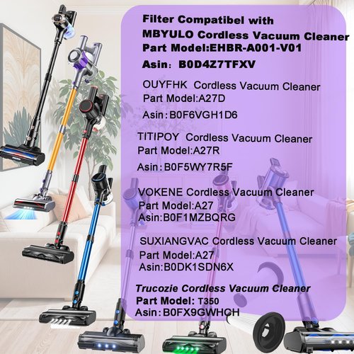 4 Pack Hepa Filter Replacement Compatible with MBYULO,Vicease,Trucozie T350 and CHEBIO C8 Cordless Vacuum Cleaner,Part to EHBR-A001-V01-US-1 and A27 Series