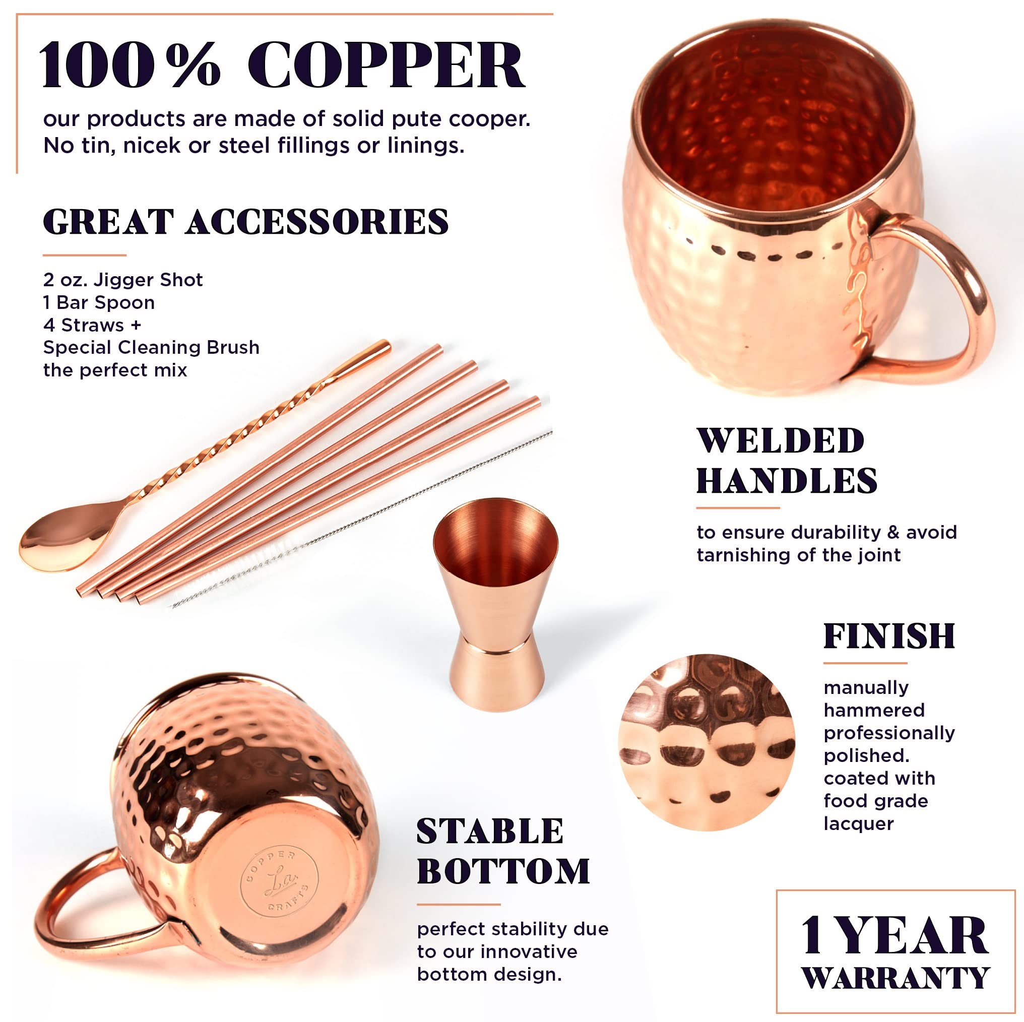 ALARUE Moscow Mule Copper Mugs Set - 4 Authentic Handcrafted 16 oz. Mugs with Accessories - Food Safe Pure Solid Copper - Gift Set with Recipe Book