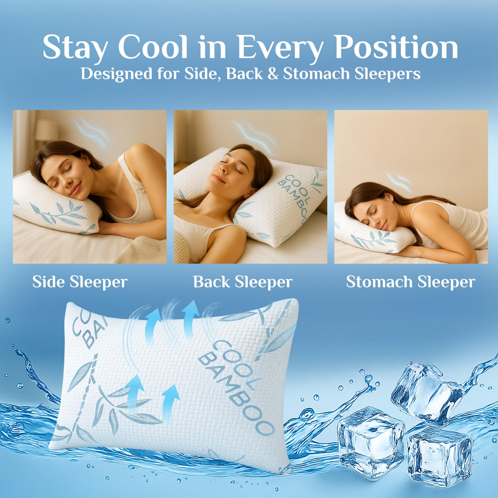 OMEO 2 Pack Bamboo Pillow King Size for Sleeping, Hypoallergenic Cooling Shredded Memory Foam Bed Pillows for Side, Back and Stomach Sleepers, Adjustable Loft and Washable Cover 20" x 36"